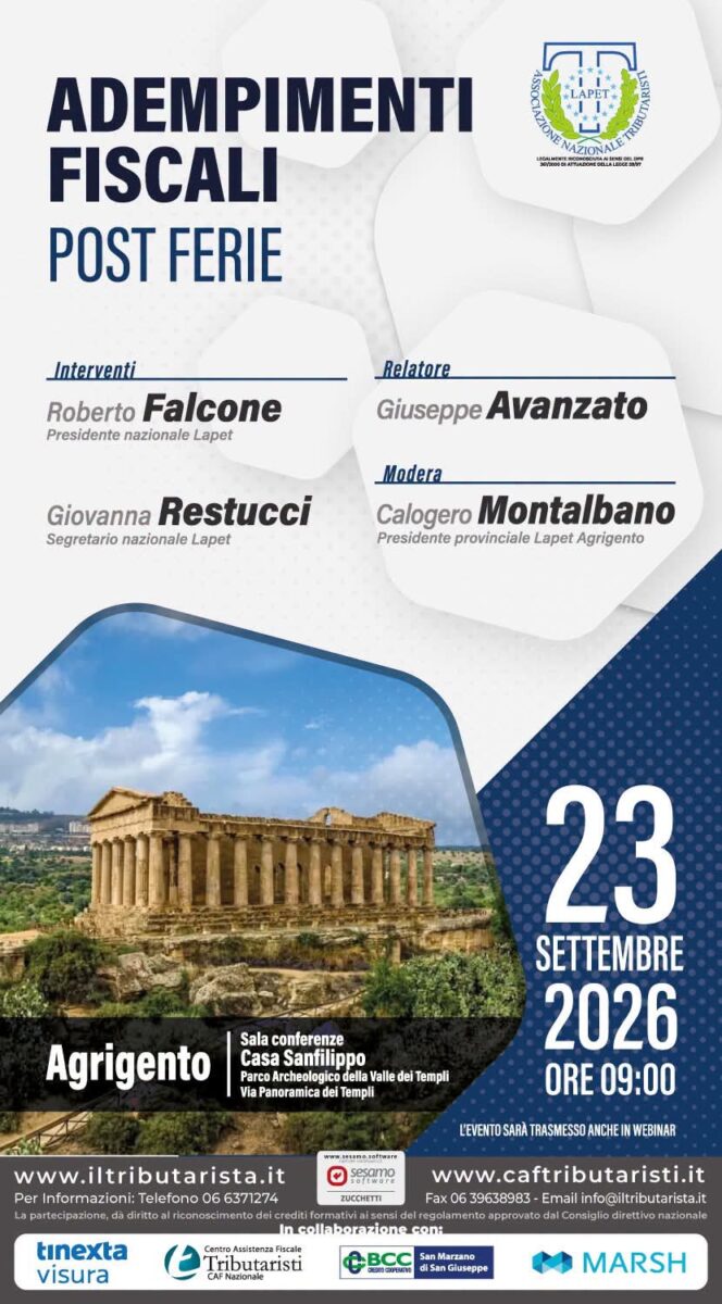 Ad Agrigento il convegno nazionale dei tributaristi: “Adempimenti fiscali post ferie” Ad Agrigento il convegno nazionale dei tributaristi: “Adempimenti fiscali post ferie”